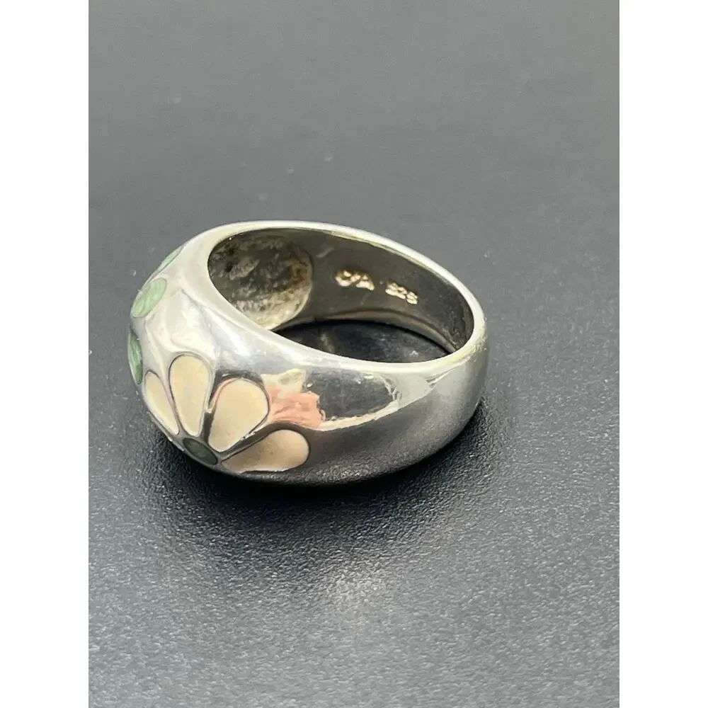 Chateau D'Argent C^A Sterling‎ Green Cream Enamel Petal Flower Dome Ring sz 8.25